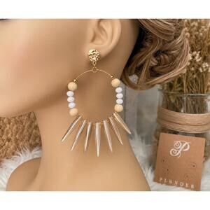 NWT Plunder Boho Hoop Earrings Shell Spike Wood Bead Coastal Statement Earrings
